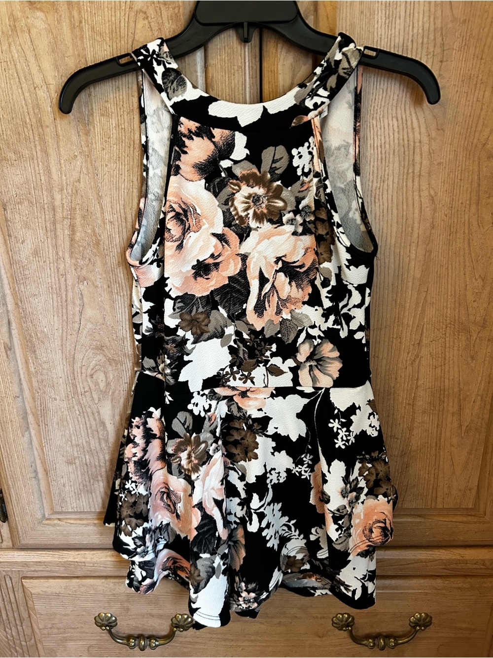 Windsor Black White Floral Romper with Blush and Brown Accents